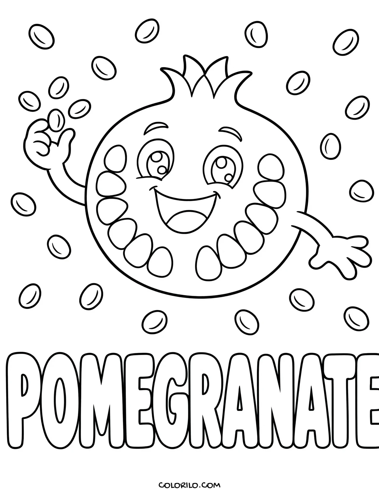 a pomegranate opened to show the seeds inside coloring page