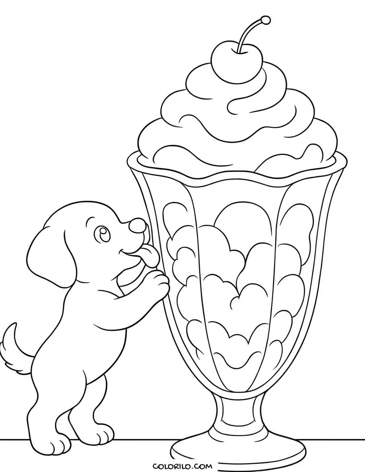 a puppy looking up at a sundae coloring page