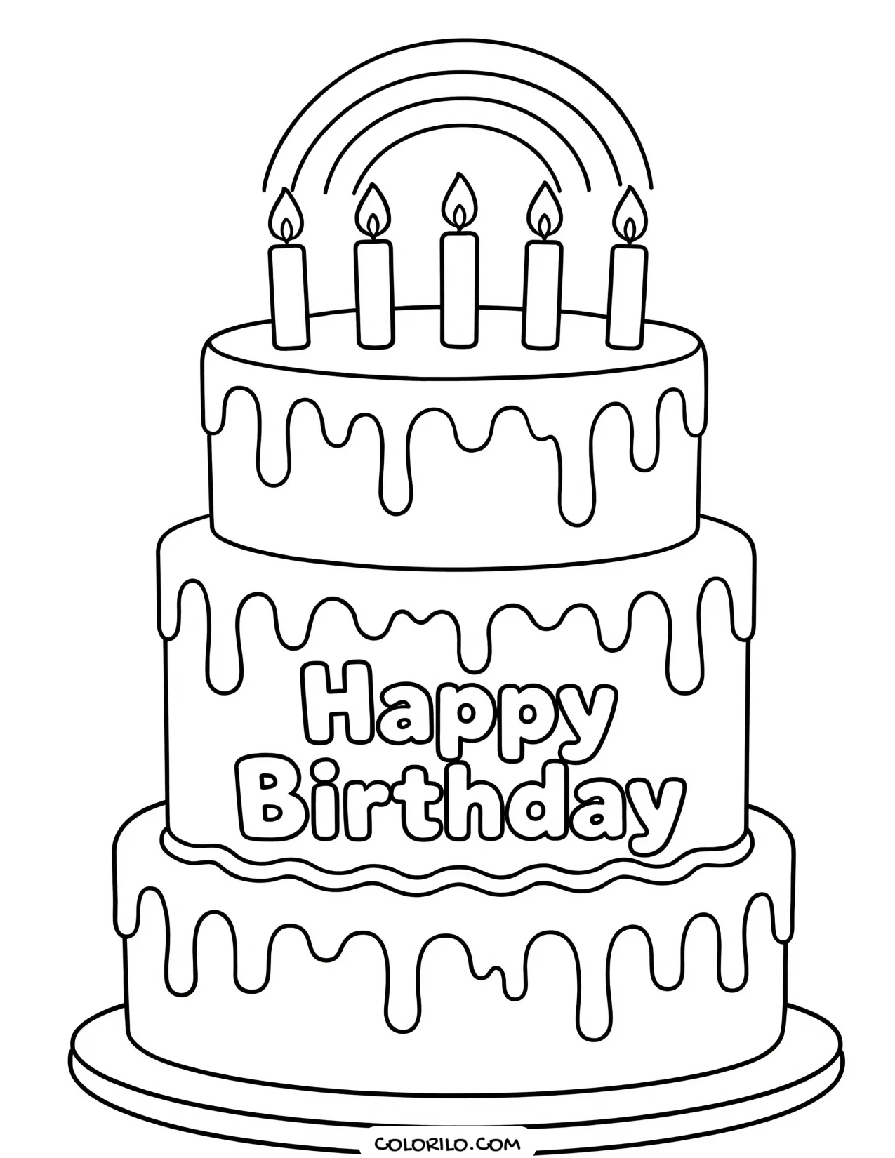 a cake with rainbow icing dripping down the sides coloring page