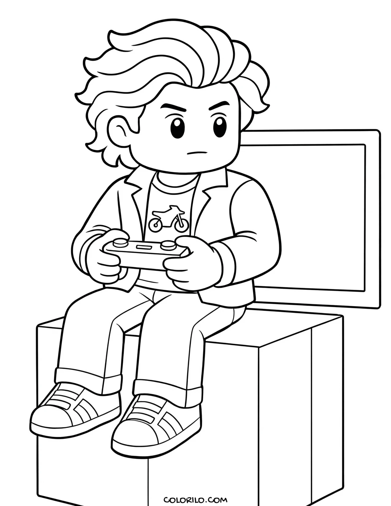 a bacon hair roblox character playing at a computer coloring page