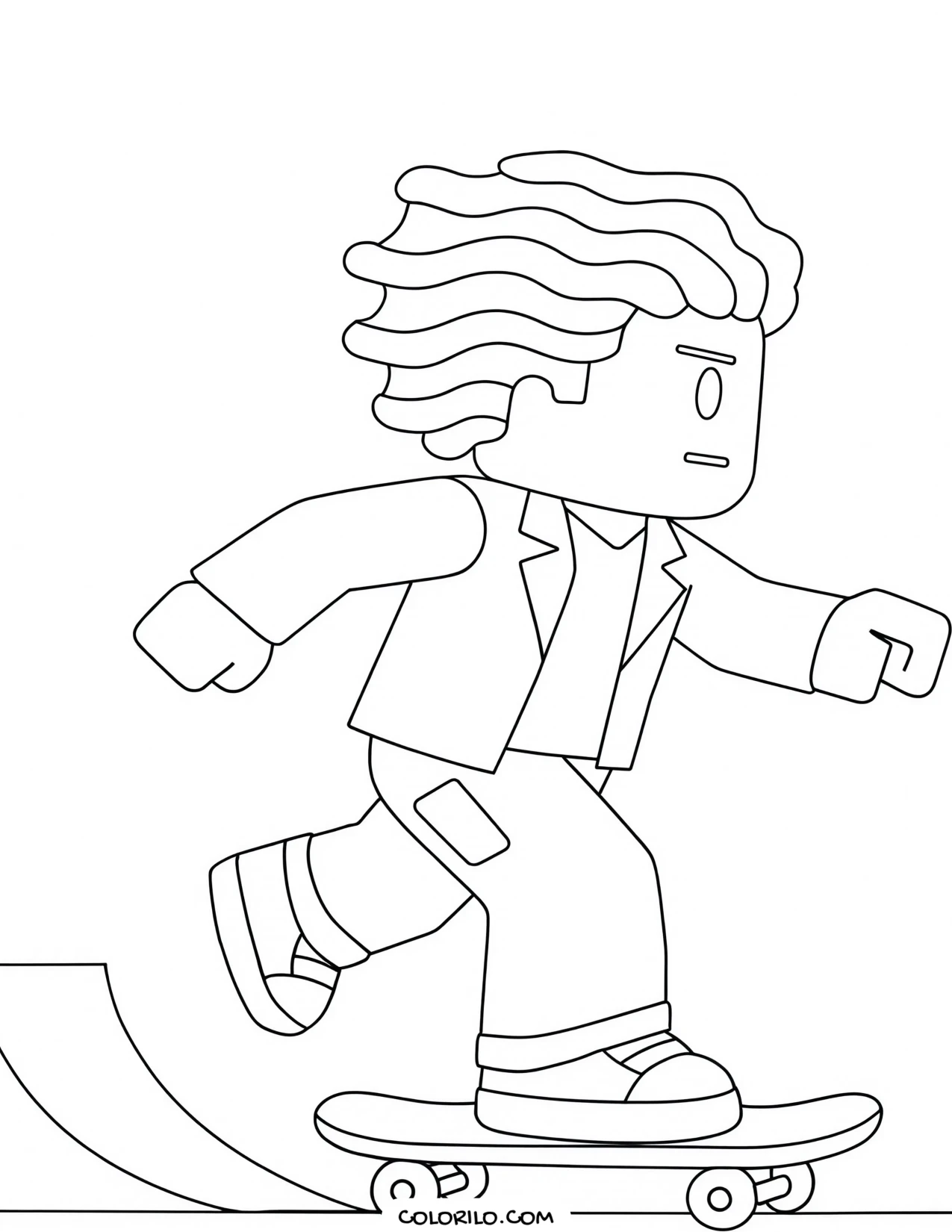 a bacon hair roblox character riding a skateboard coloring page