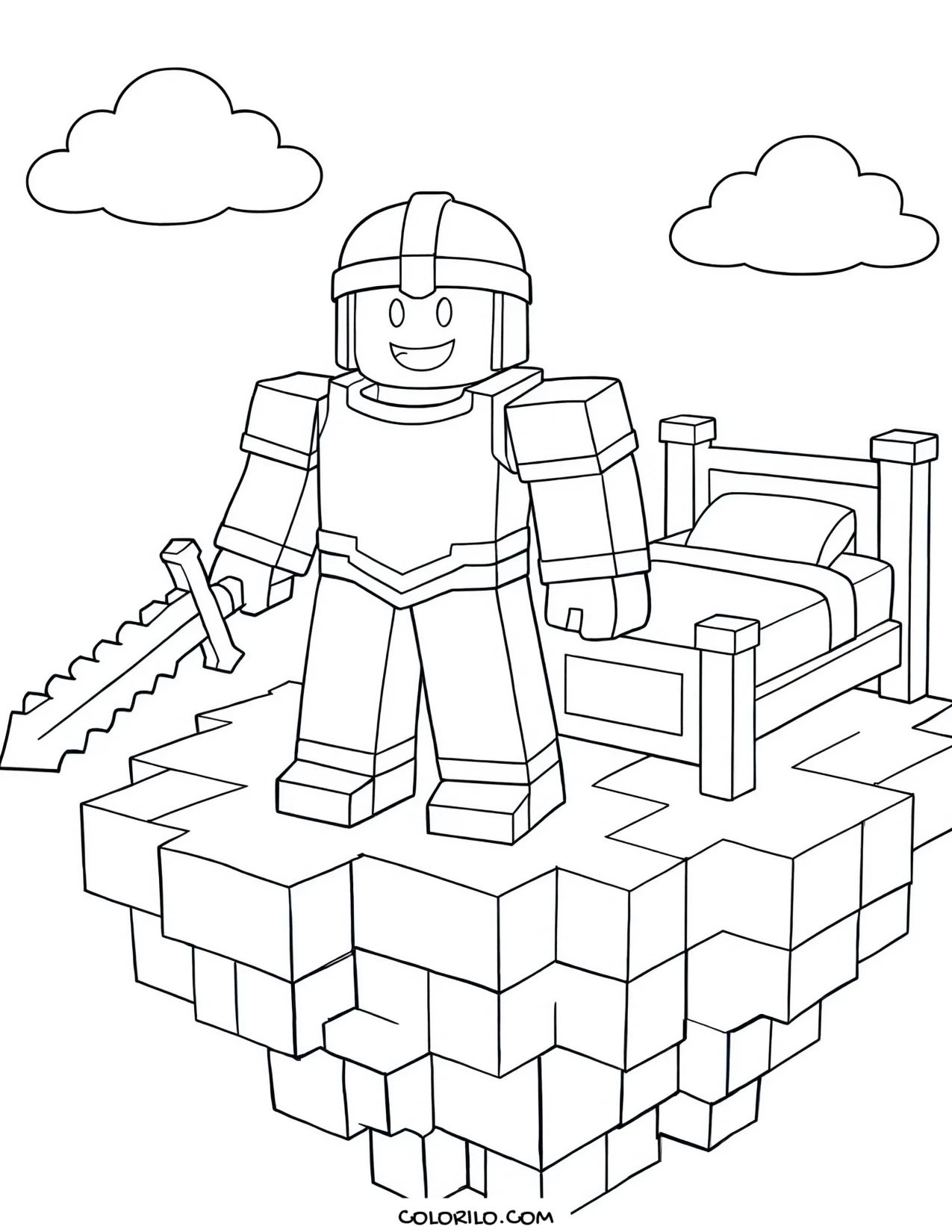 a roblox bedwars player defending a bed coloring page