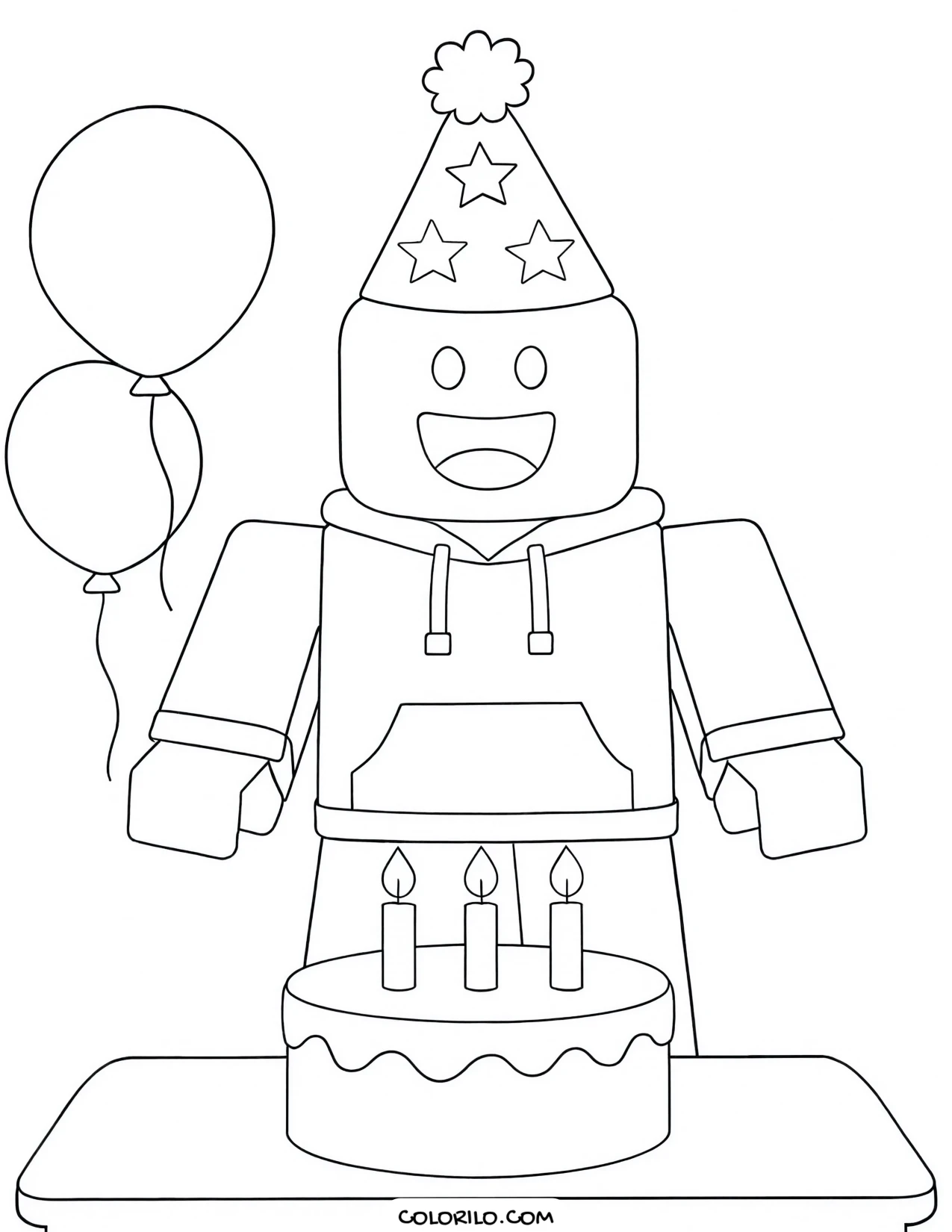 a roblox character behind a birthday cake coloring page