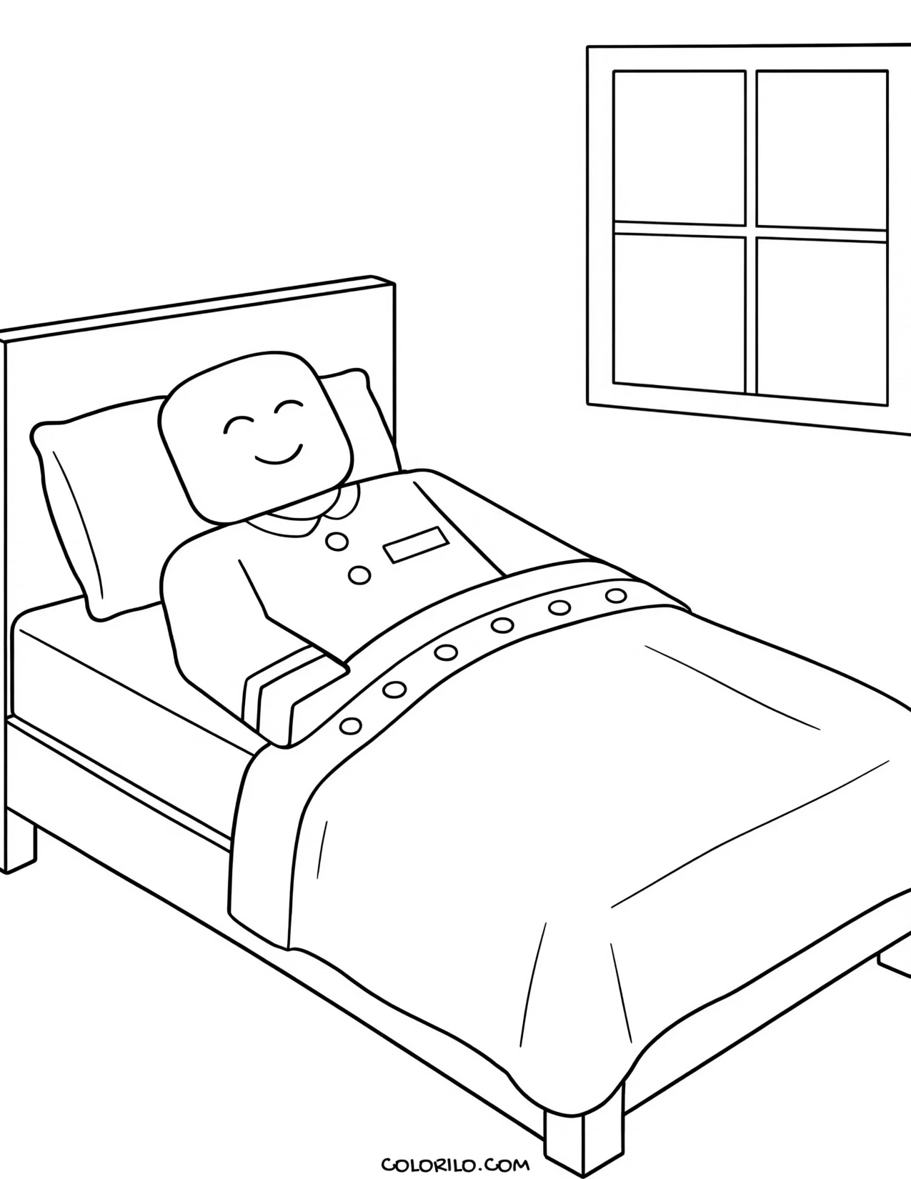 a roblox character asleep in a brookhaven bedroom coloring page