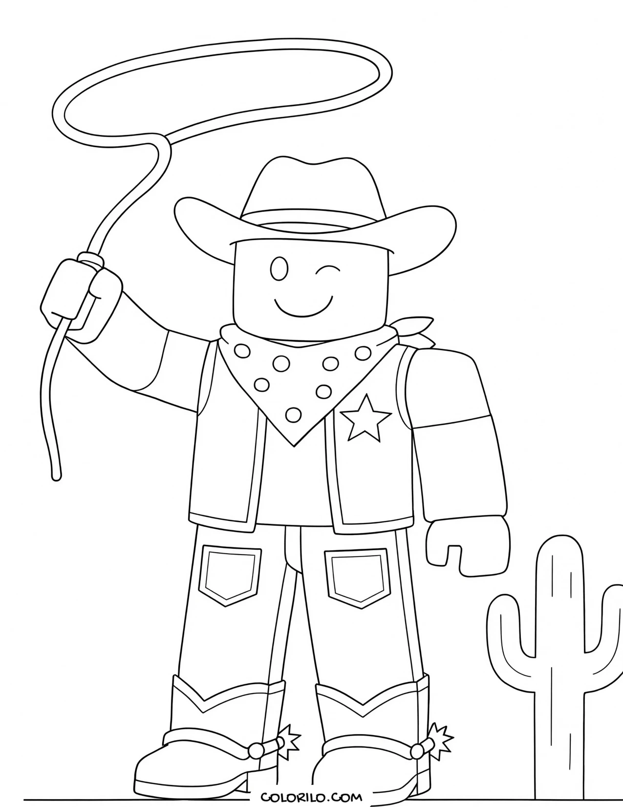 a roblox cowboy swinging a lasso coloring page