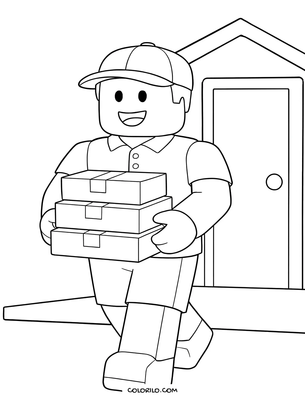 a roblox character carrying delivery boxes coloring page