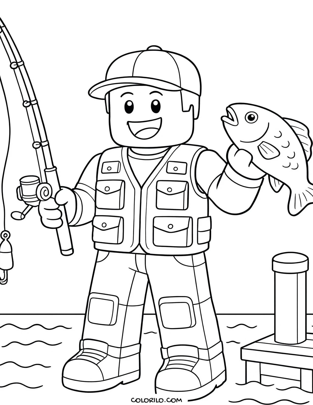 a roblox character reeling in a fish coloring page