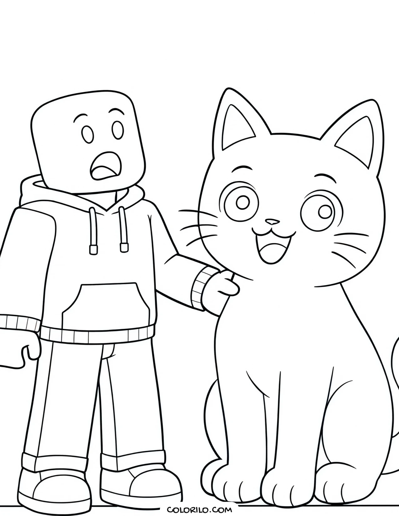 a roblox character beside a giant cat coloring page
