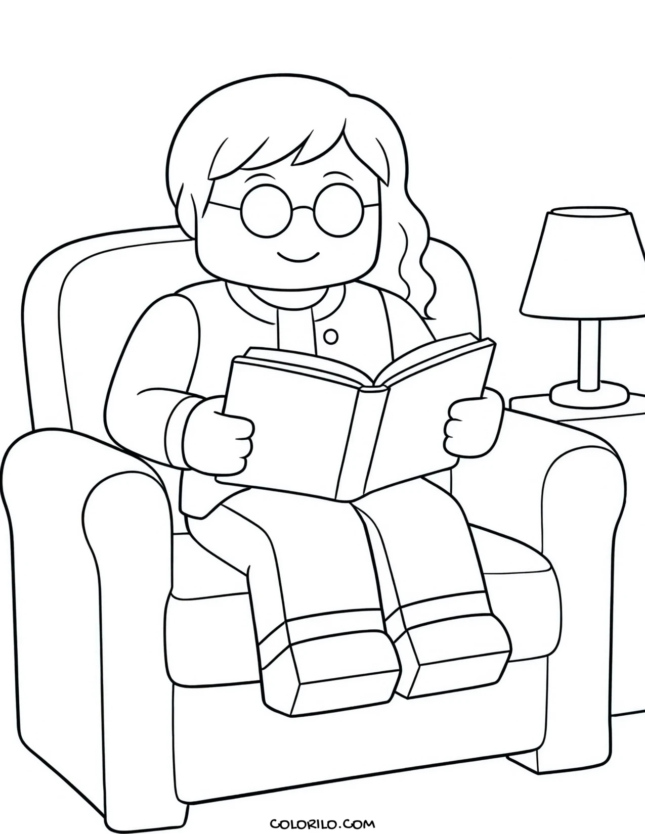 a roblox girl character reading a book coloring page