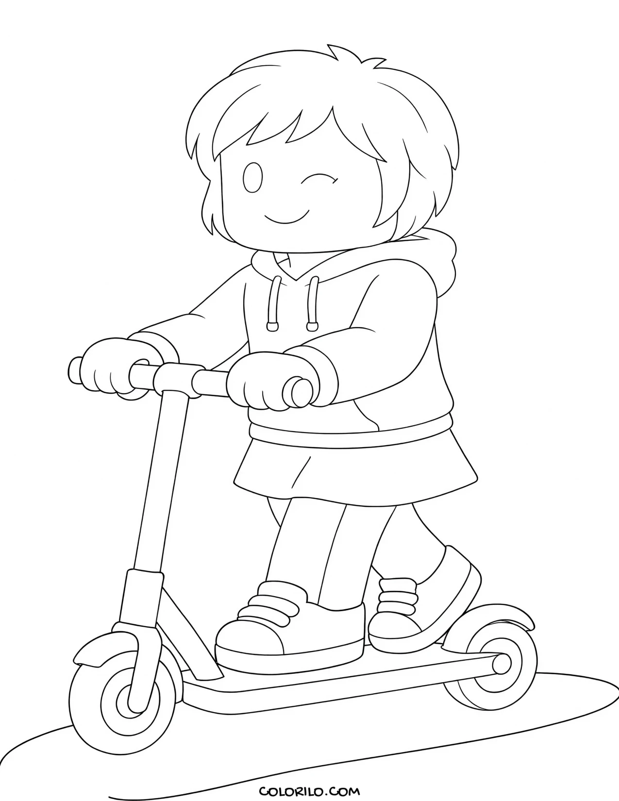 a roblox girl character riding a scooter coloring page