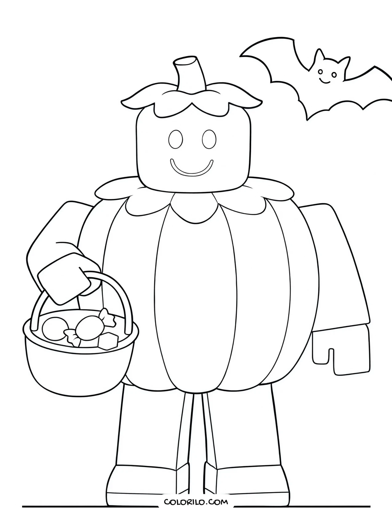 a roblox character with a carved halloween pumpkin coloring page