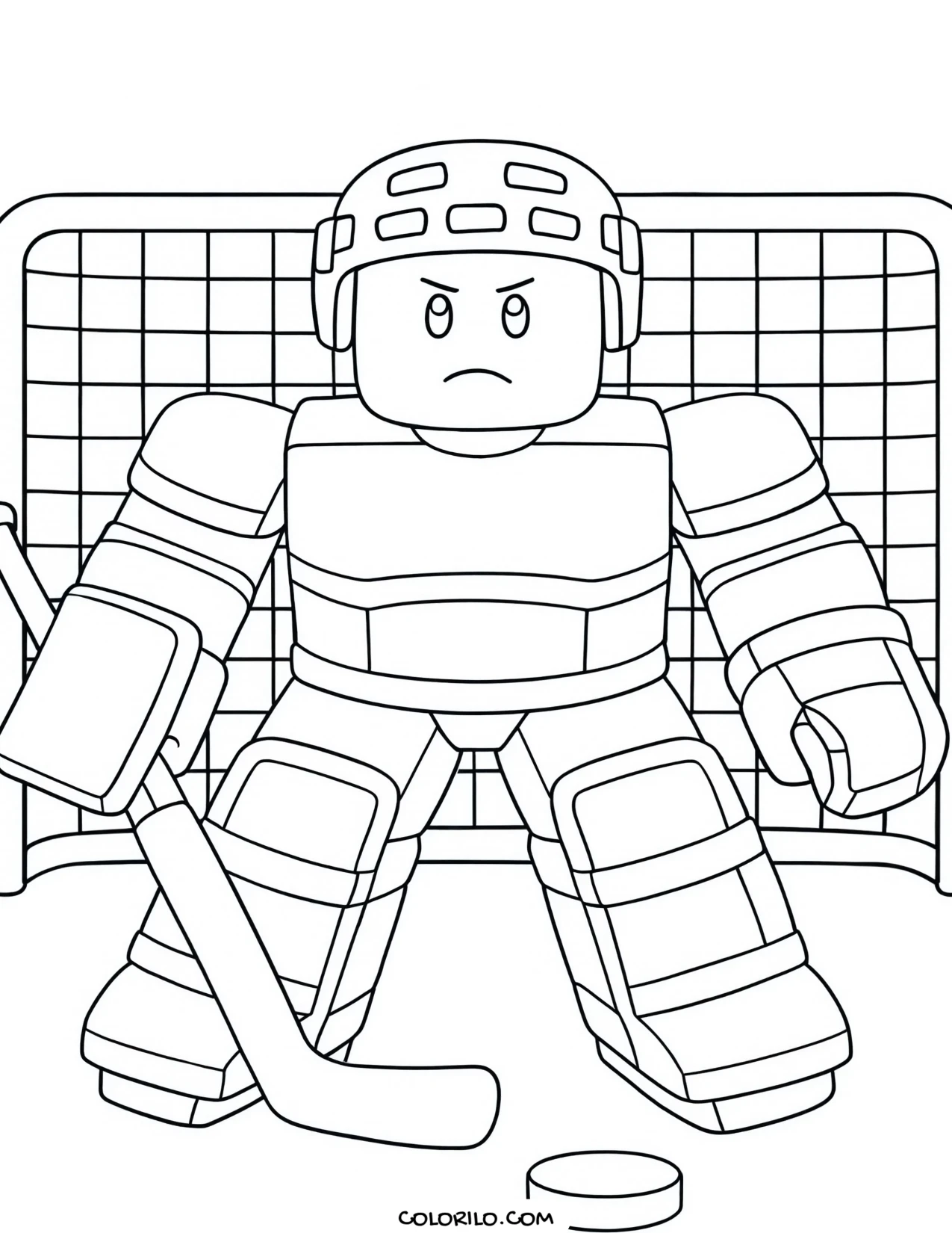 a roblox hockey goalie guarding the net coloring page