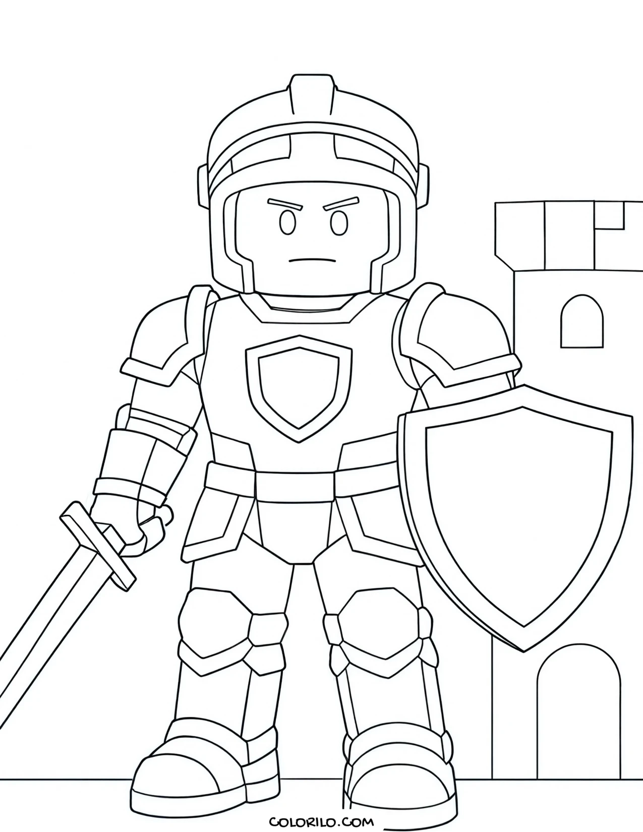 a roblox knight holding a shield coloring page