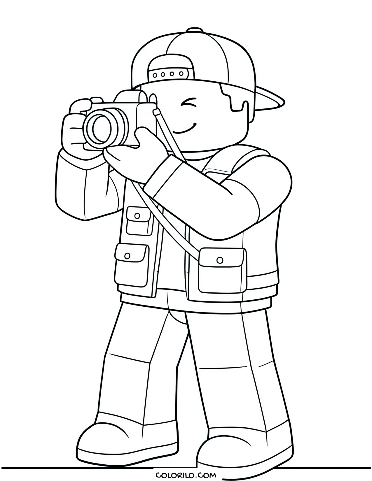 a roblox character taking a photo with a camera coloring page
