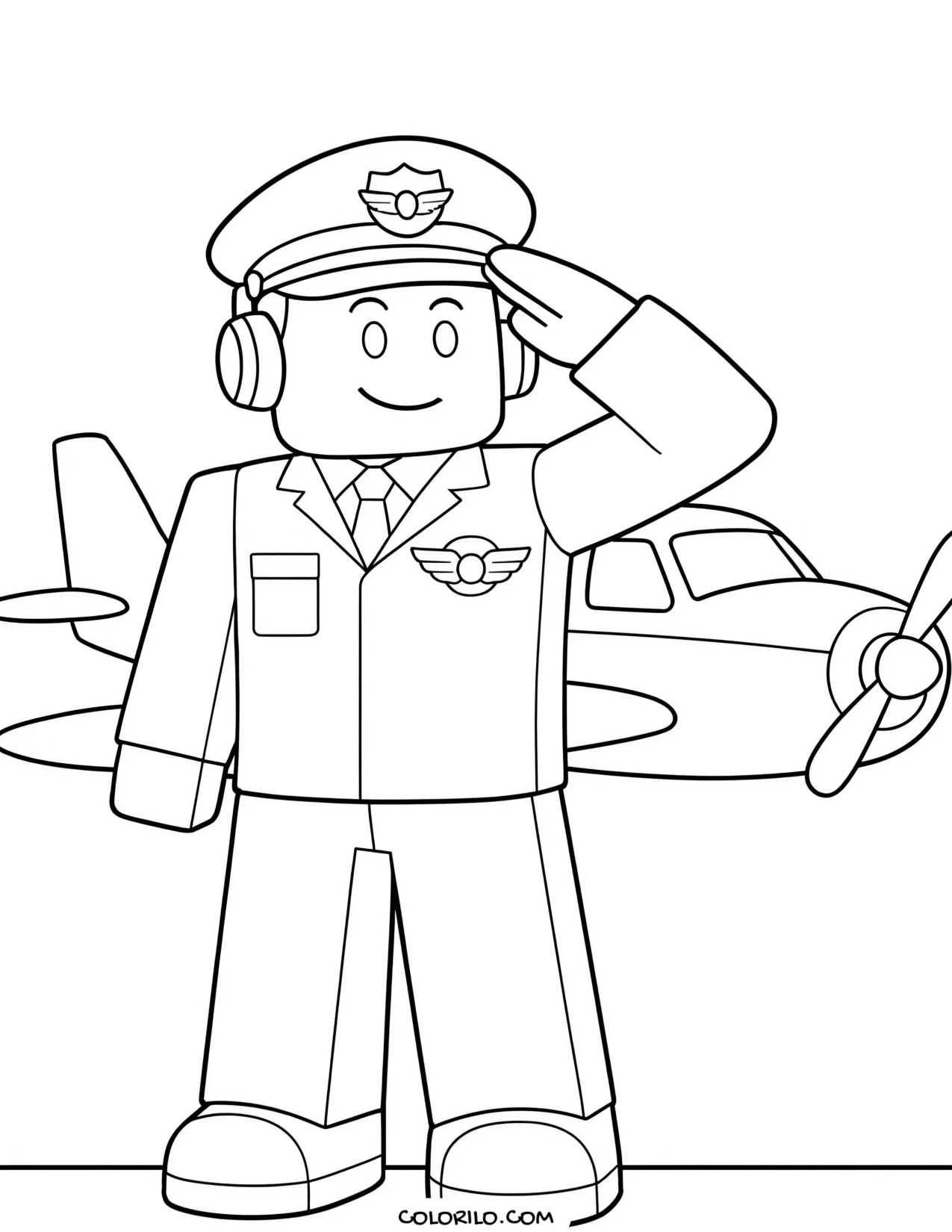 a roblox pilot standing beside a plane coloring page