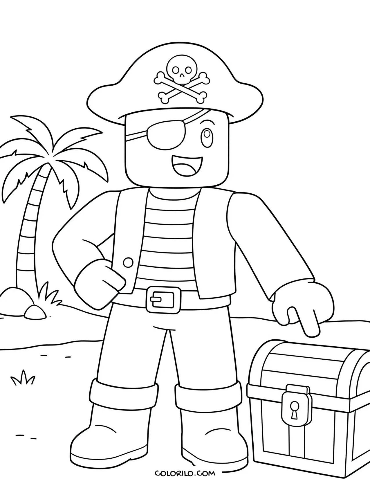 a roblox pirate opening a treasure chest coloring page