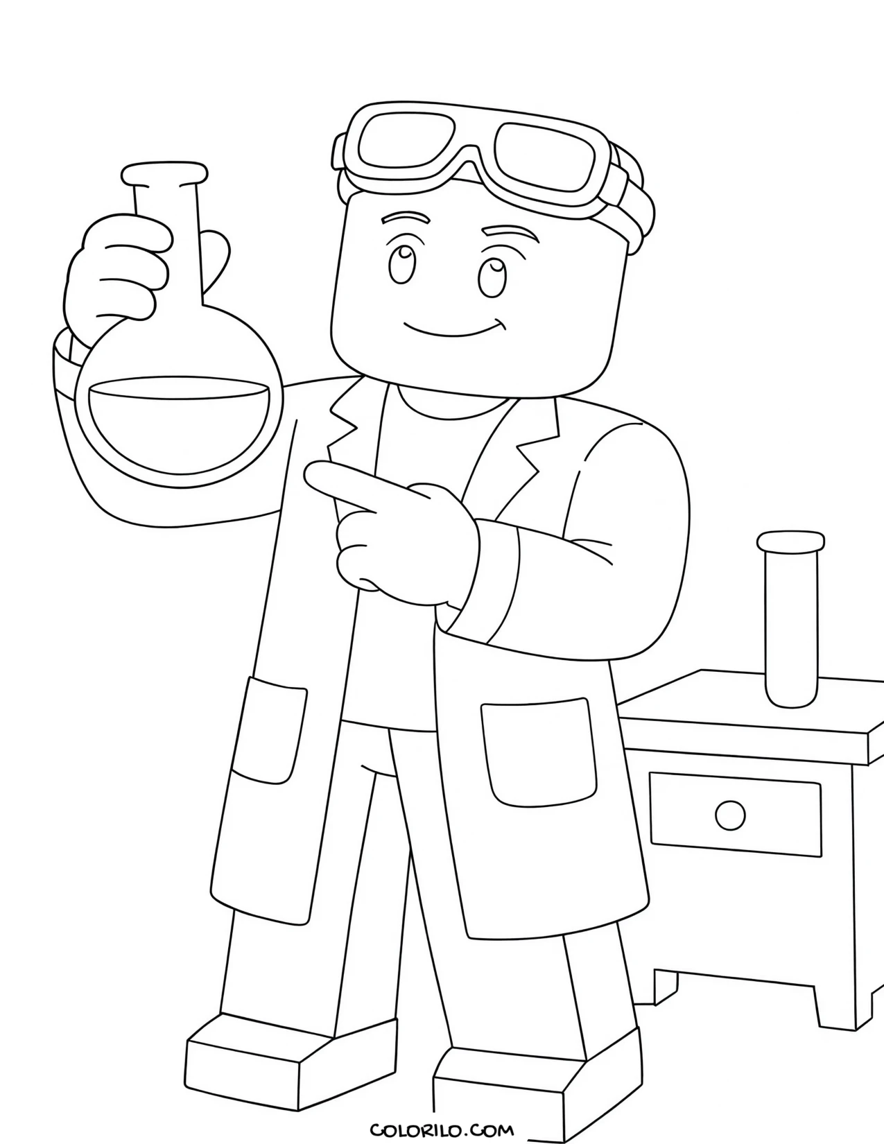 a roblox scientist holding a bubbling potion coloring page