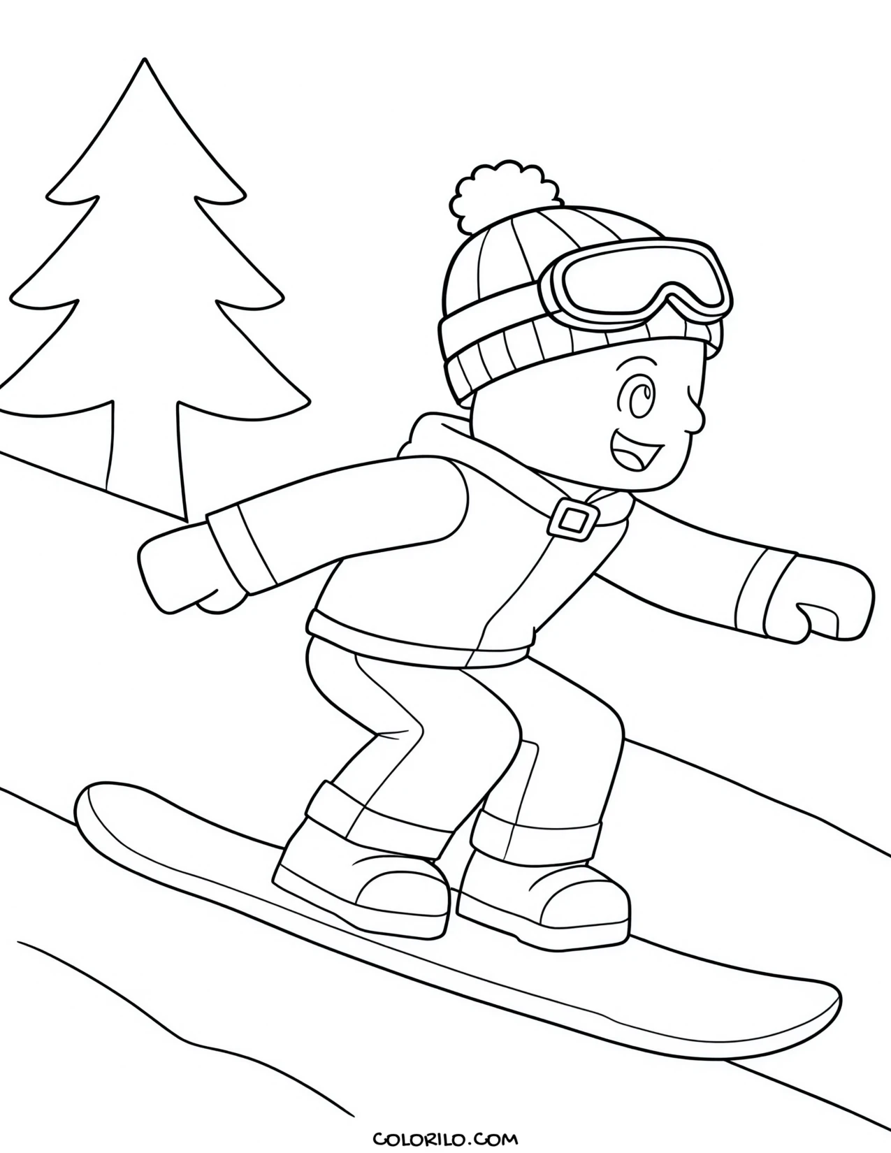 a roblox character riding a snowboard coloring page