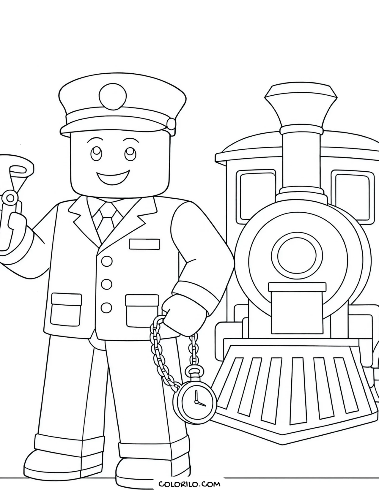 a roblox train conductor leaning from the cab coloring page