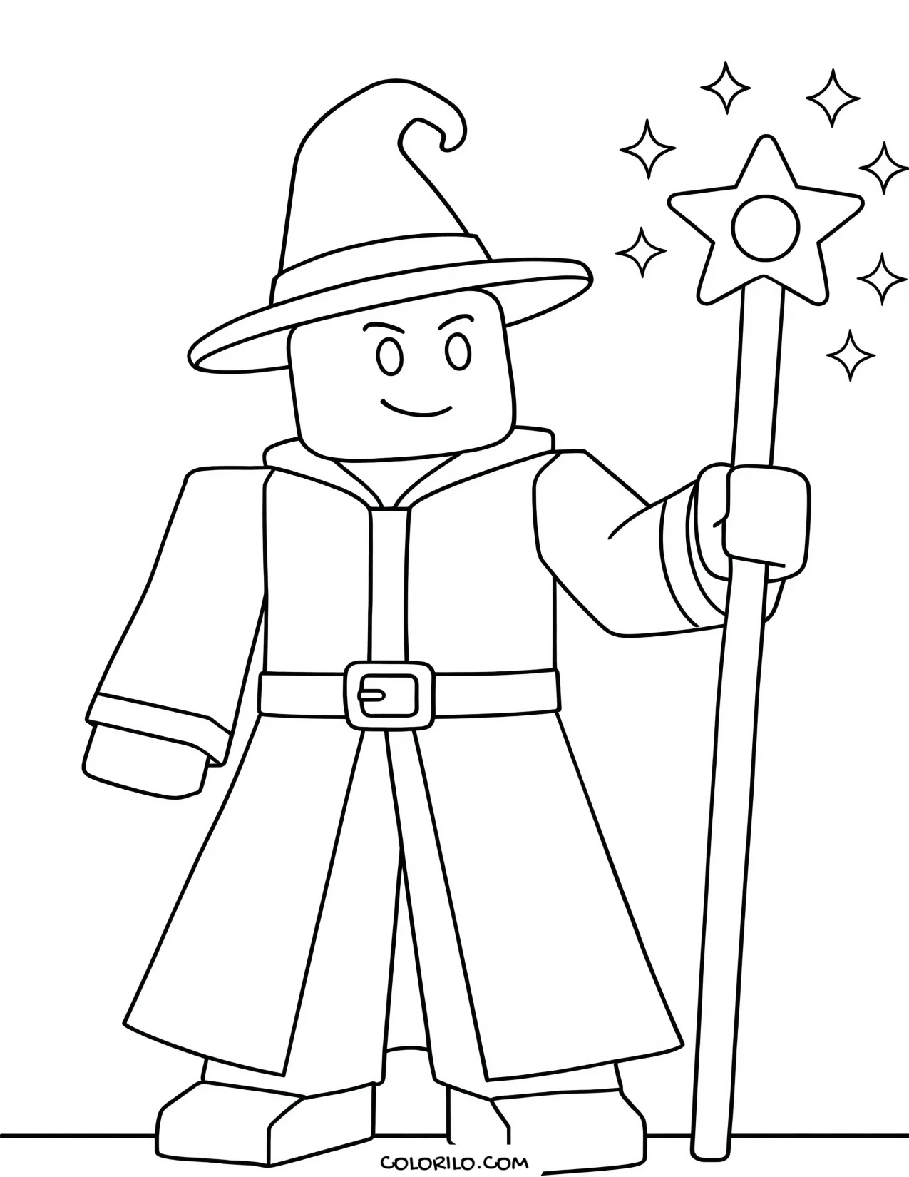 a roblox wizard holding a staff coloring page