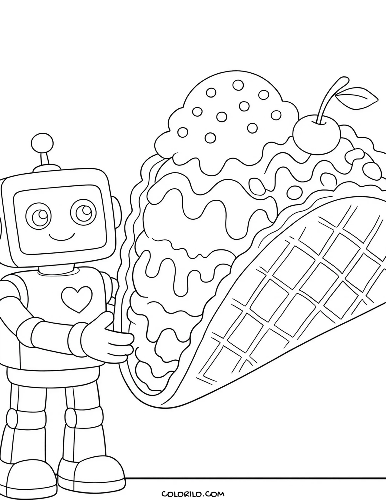 a robot holding an ice cream taco coloring page