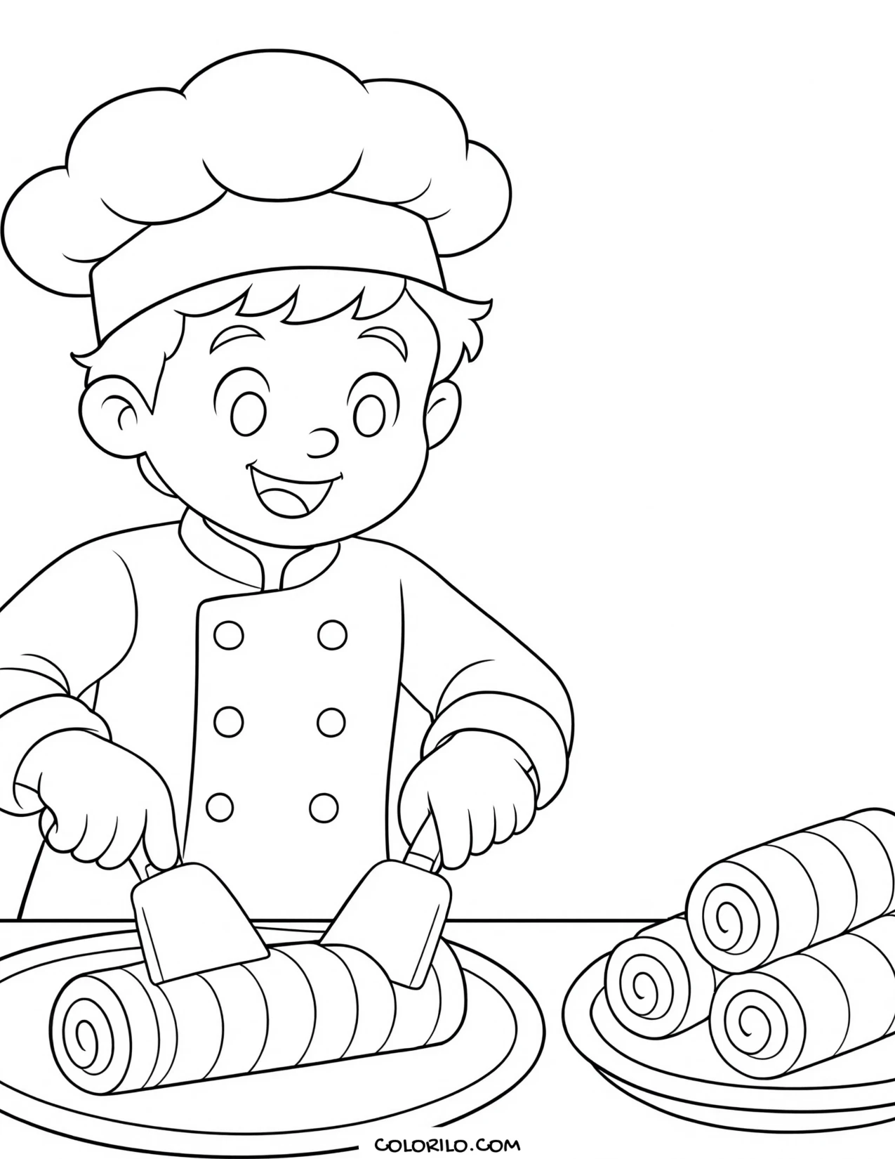 a chef scraping rolled ice cream off a cold plate coloring page