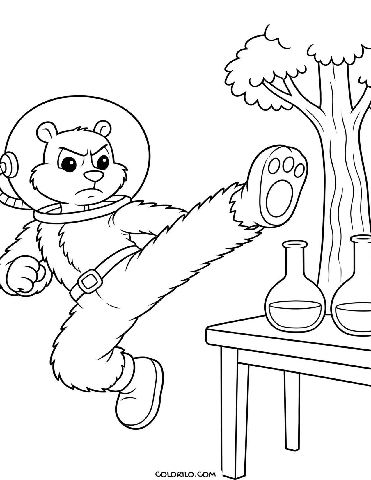 sandy cheeks throwing a karate kick in her air helmet coloring page