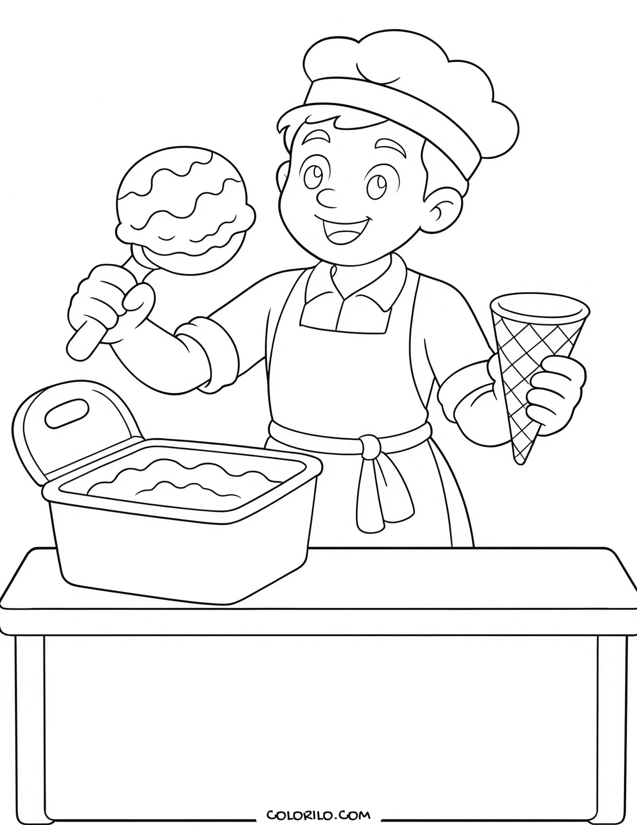 a scoop being lifted from a tub into a cone coloring page