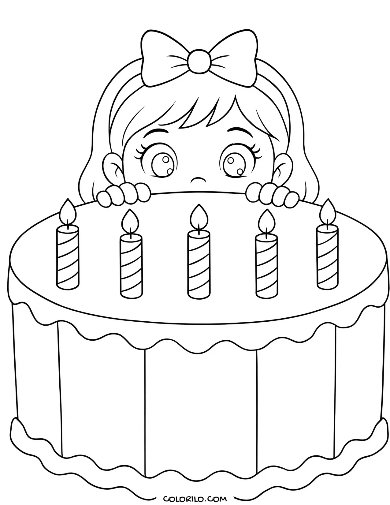 a girl looking over the top of her birthday cake coloring page