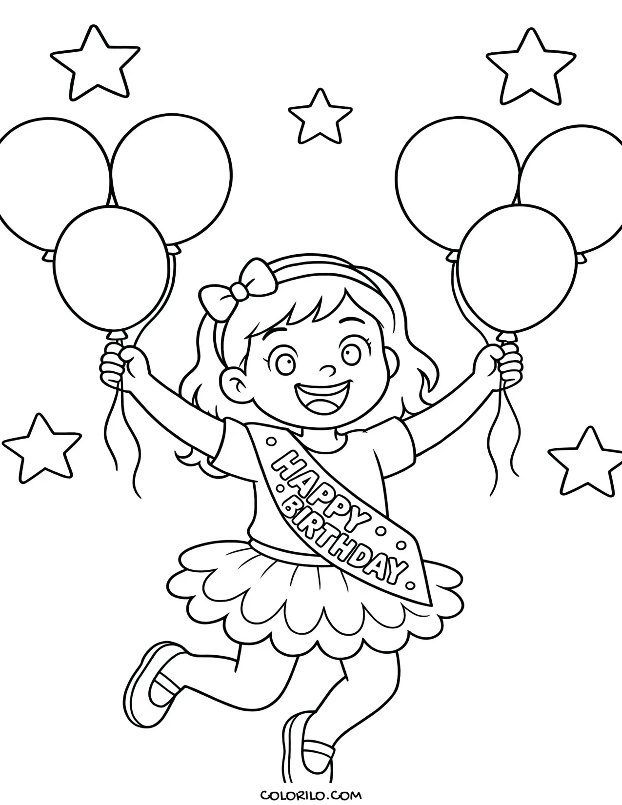 a girl holding a bunch of birthday balloons coloring page