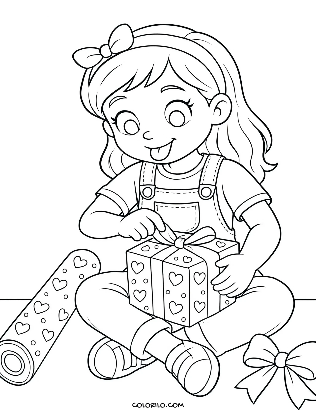 a girl opening a birthday present coloring page
