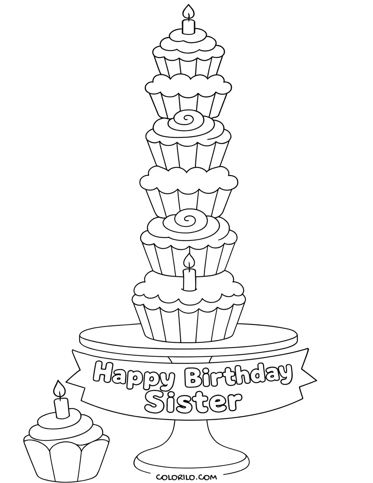 a girl beside a tower of stacked cupcakes coloring page