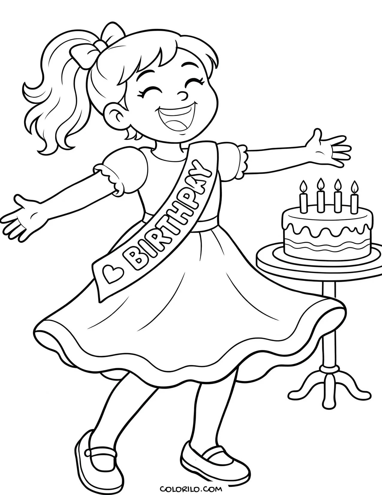 a girl spinning in her party dress coloring page