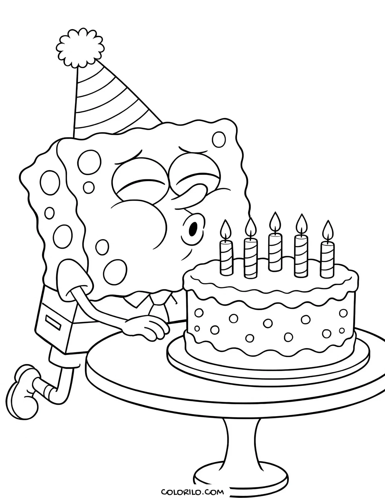 spongebob behind a birthday cake with candles coloring page