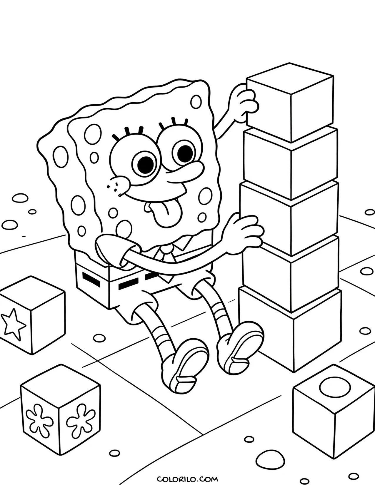 spongebob building a tower of blocks coloring page
