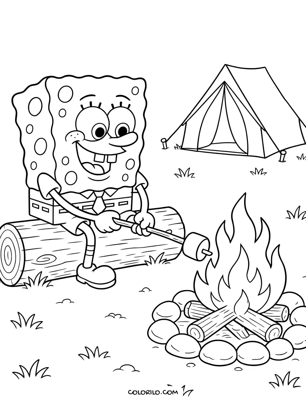spongebob toasting a marshmallow over a campfire coloring page