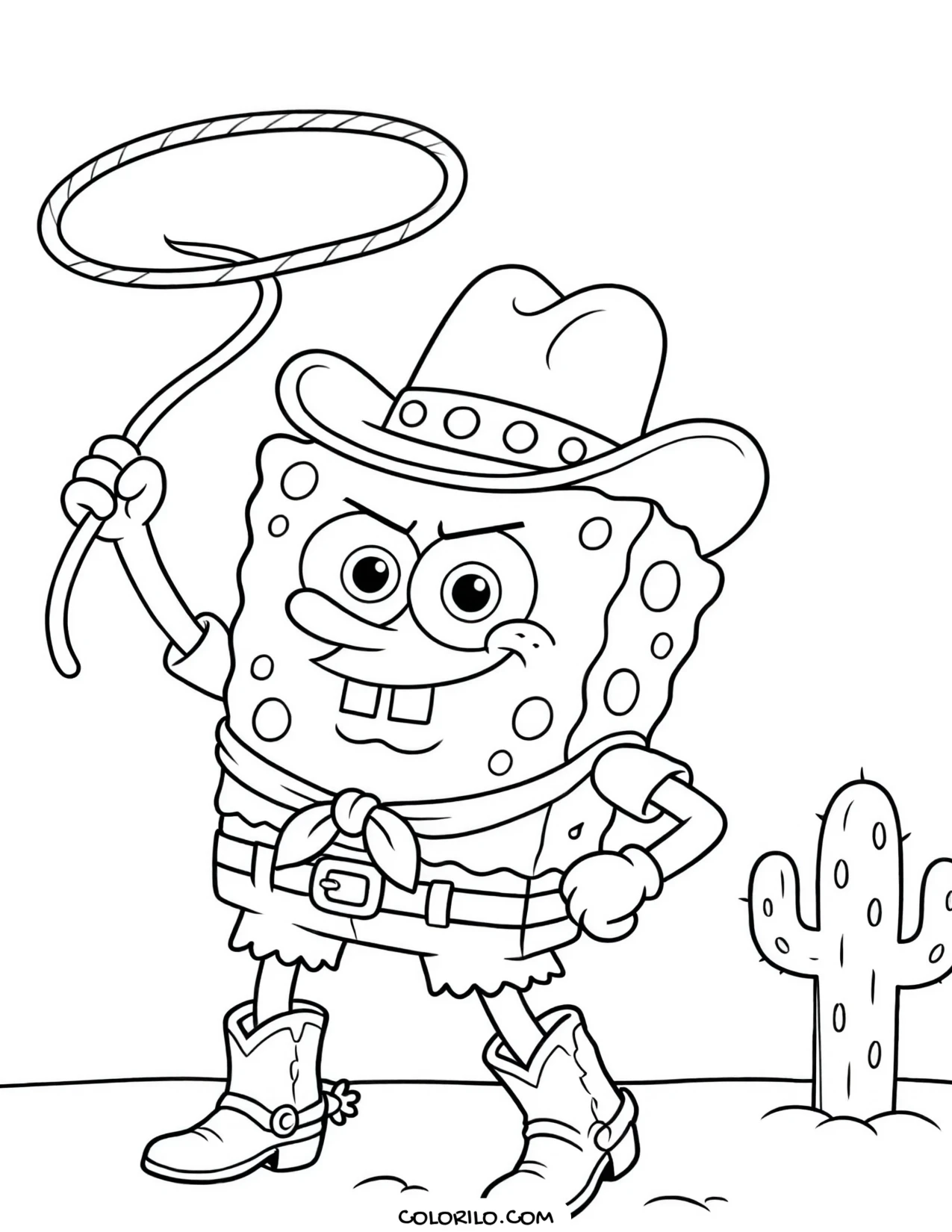 spongebob in a cowboy hat swinging a lasso coloring page