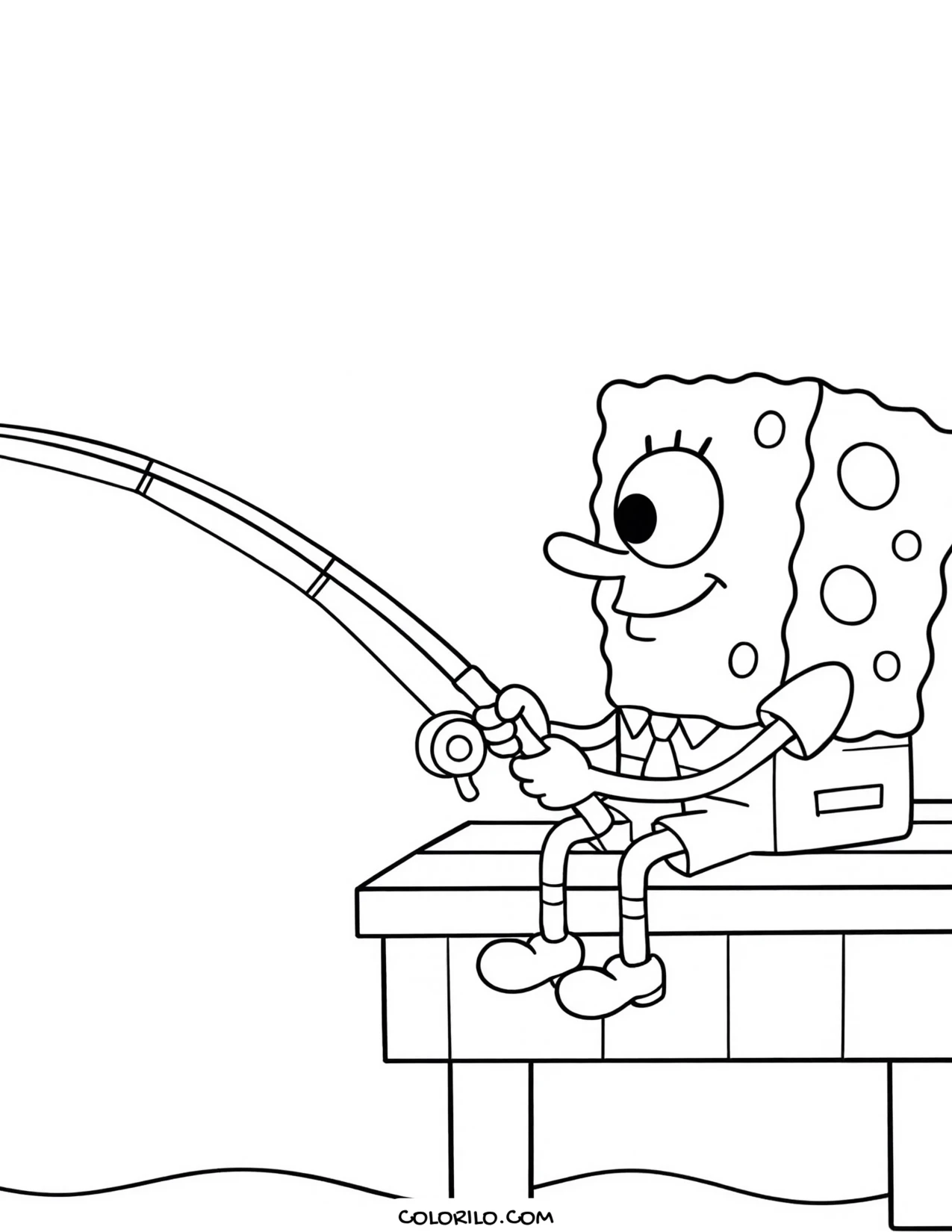 spongebob fishing from a wooden dock coloring page