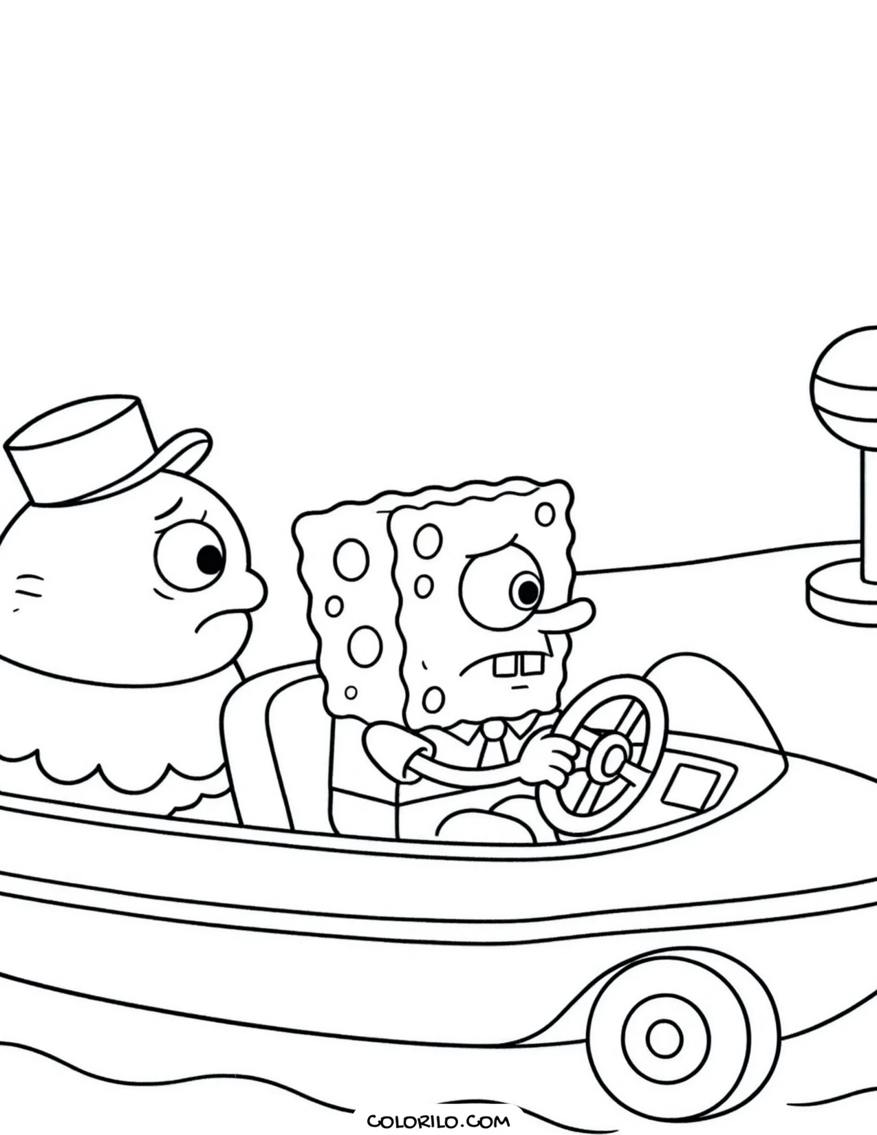 spongebob driving a boat coloring page