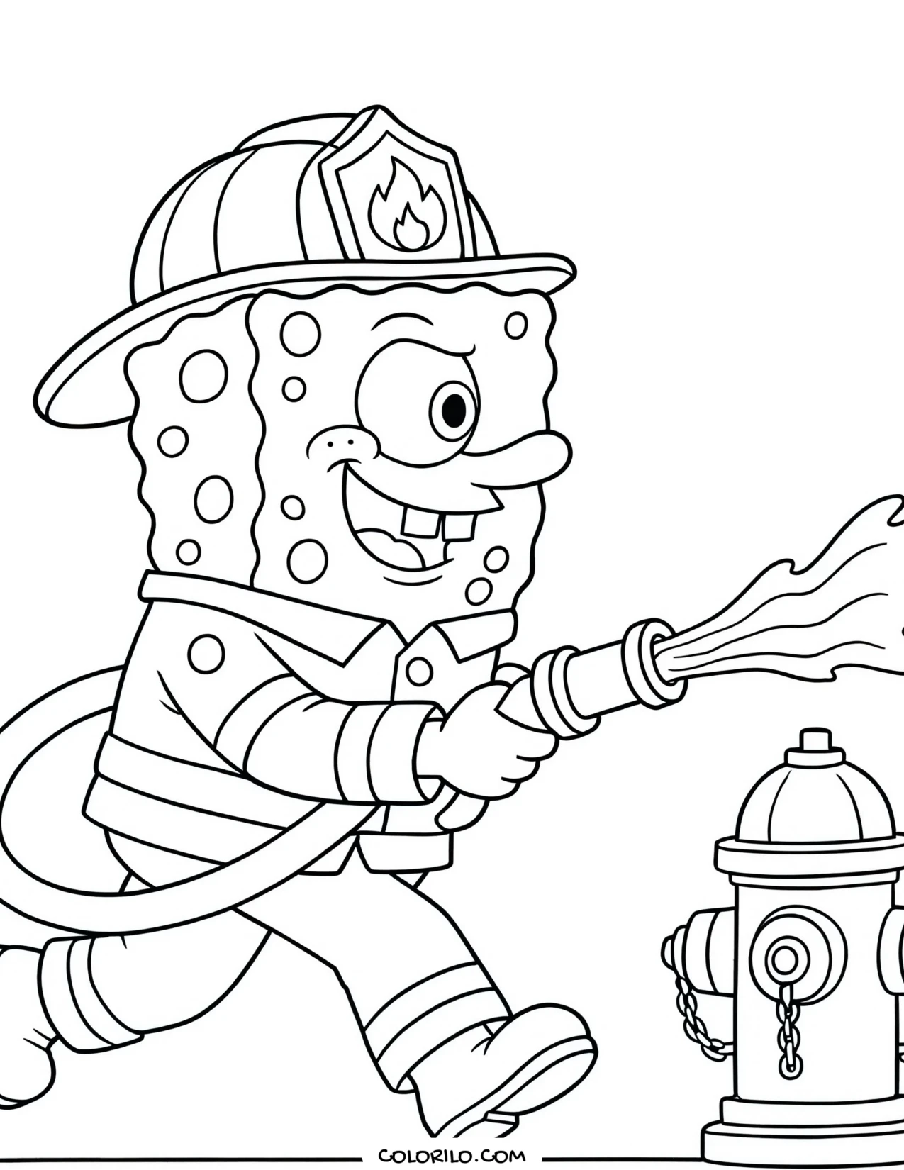 spongebob as a firefighter holding a hose coloring page