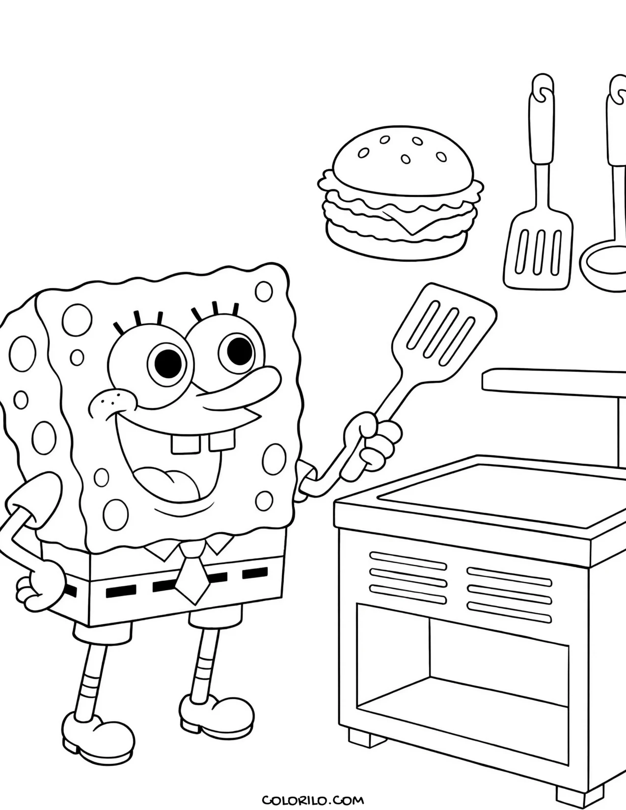 spongebob flipping a krabby patty on the grill coloring page