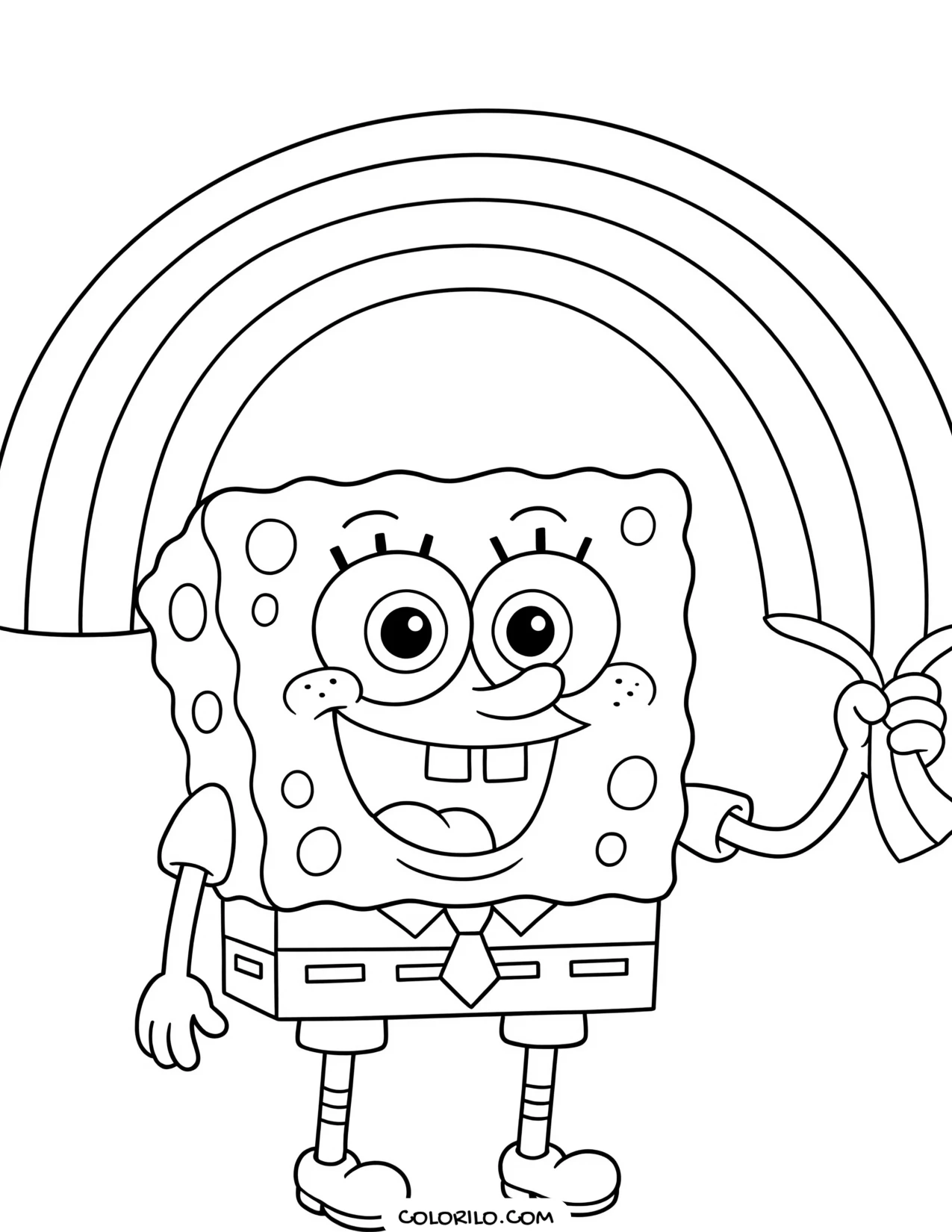 spongebob holding a rainbow between his hands coloring page