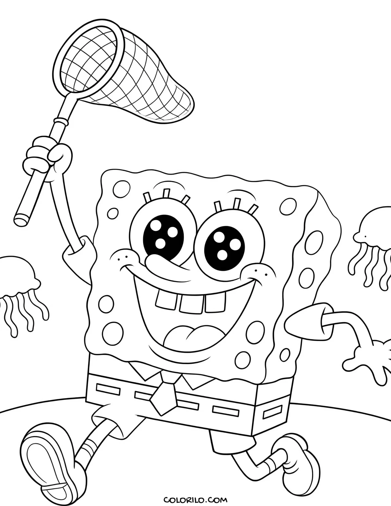 spongebob jellyfishing with his net coloring page
