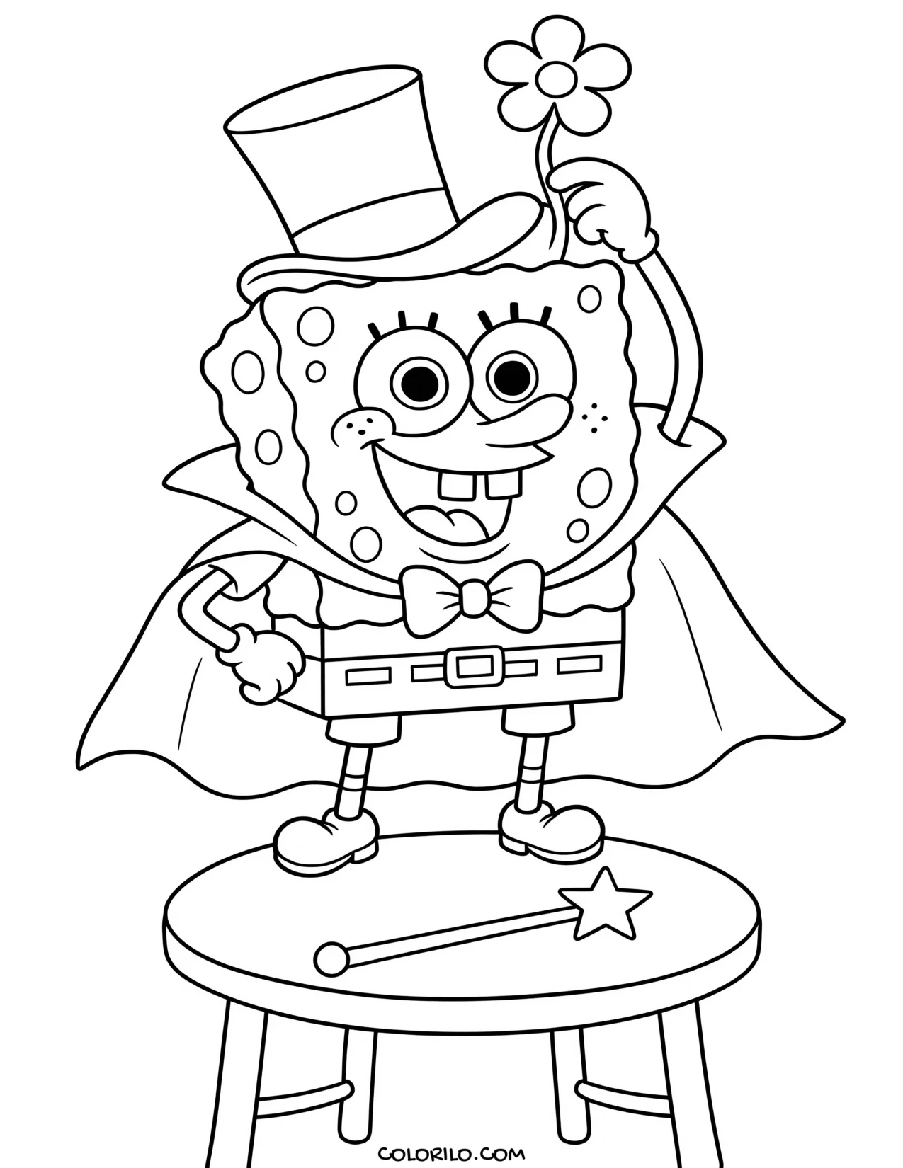 spongebob performing a magic trick with a top hat coloring page