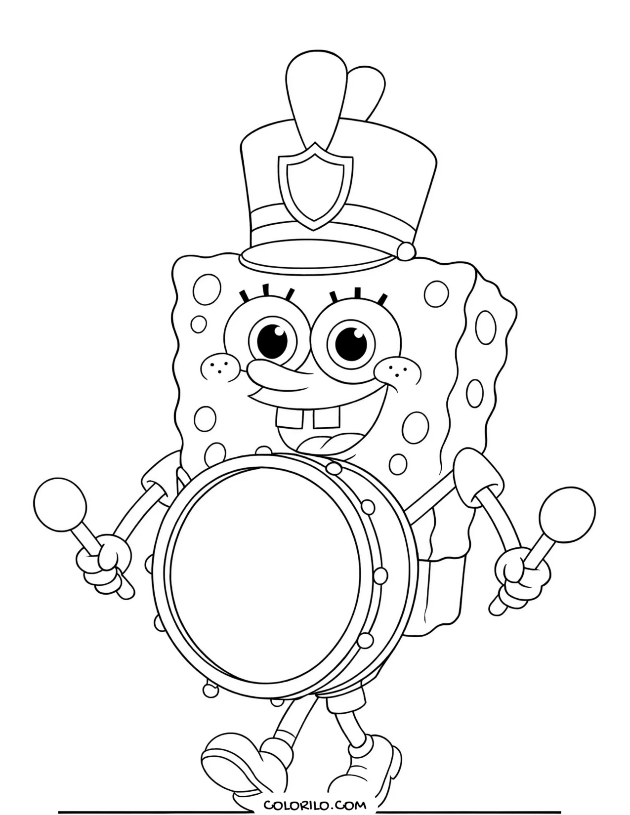 spongebob marching while playing a drum coloring page