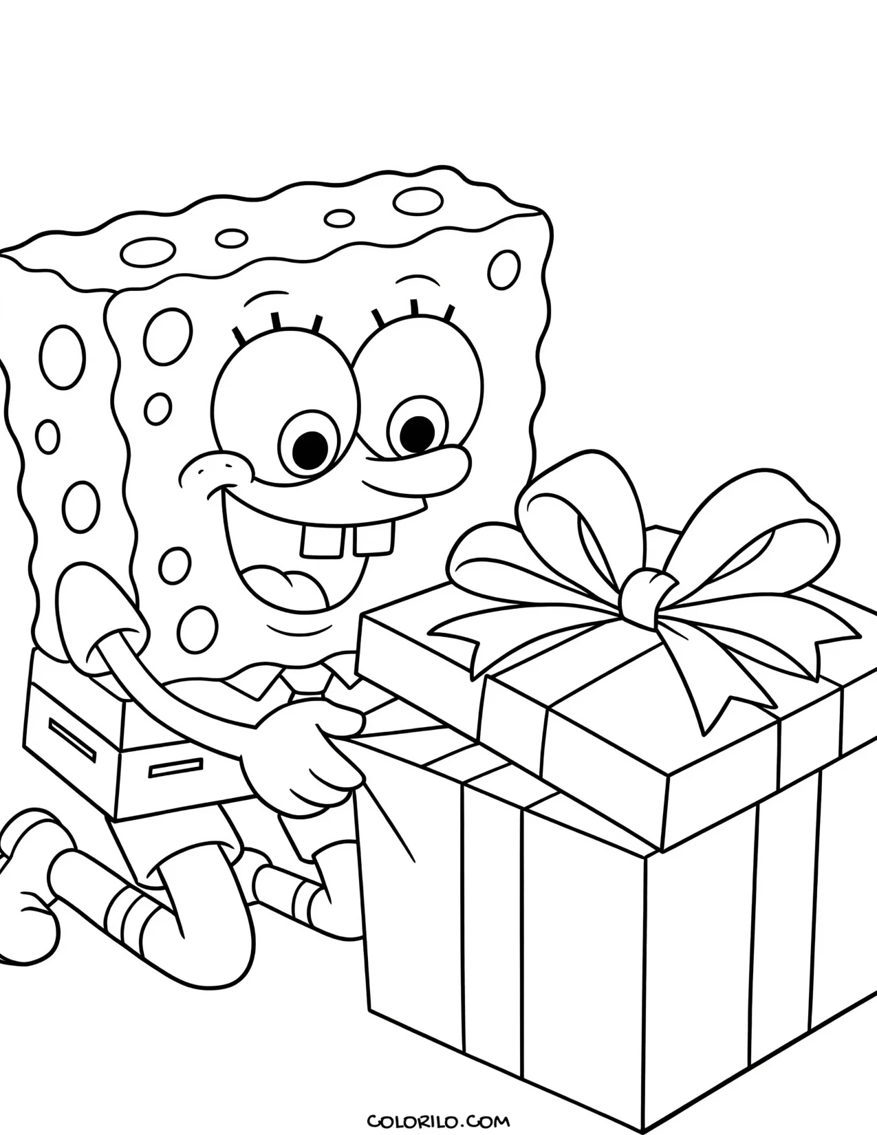 spongebob opening a wrapped present coloring page