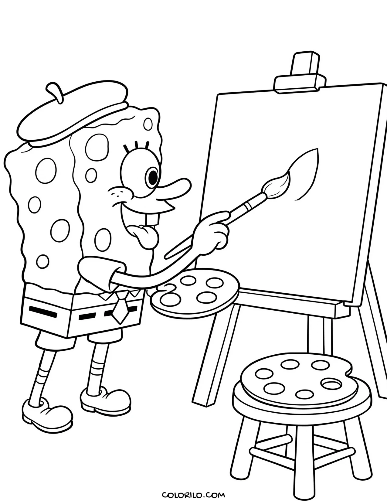 spongebob painting at an easel coloring page
