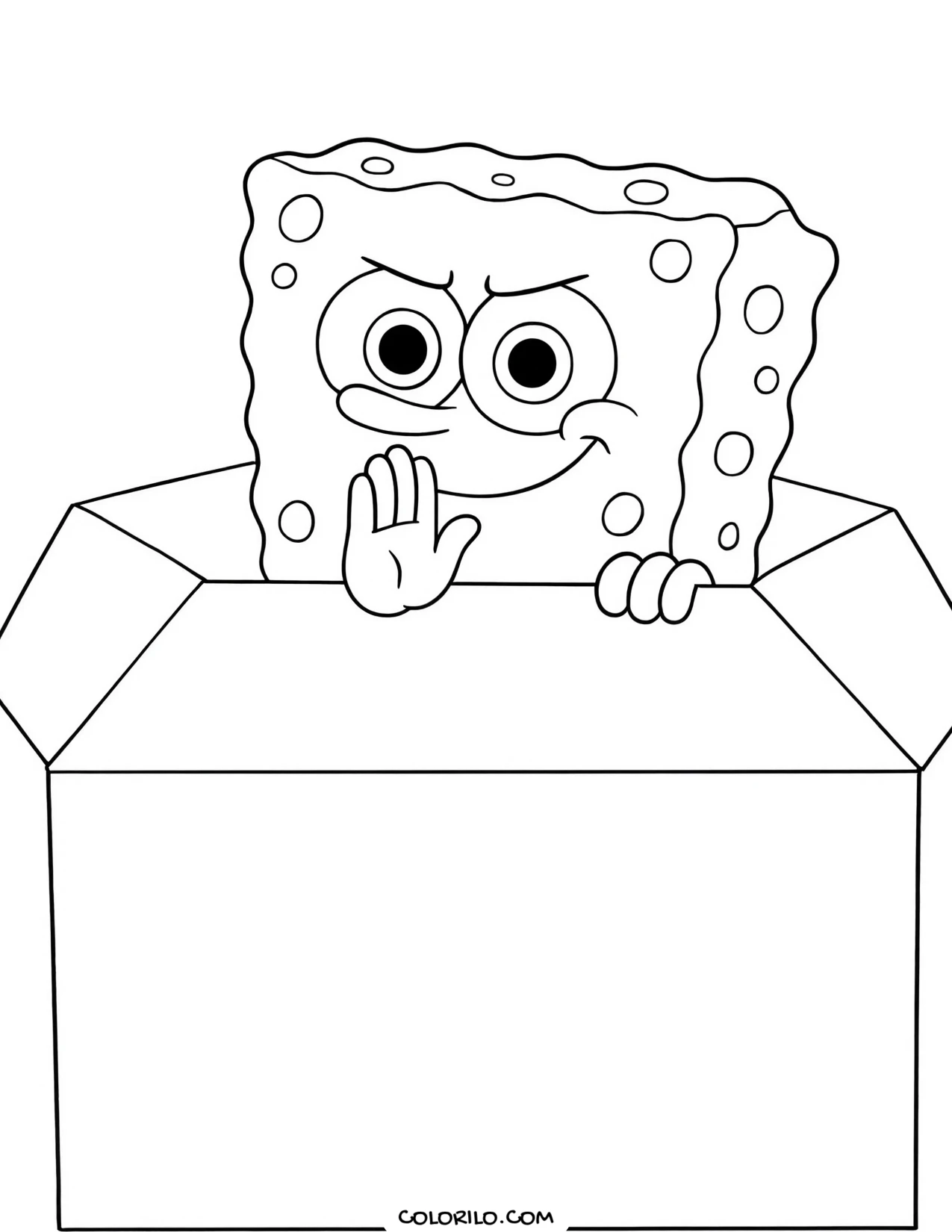 spongebob peeking out of a cardboard box coloring page