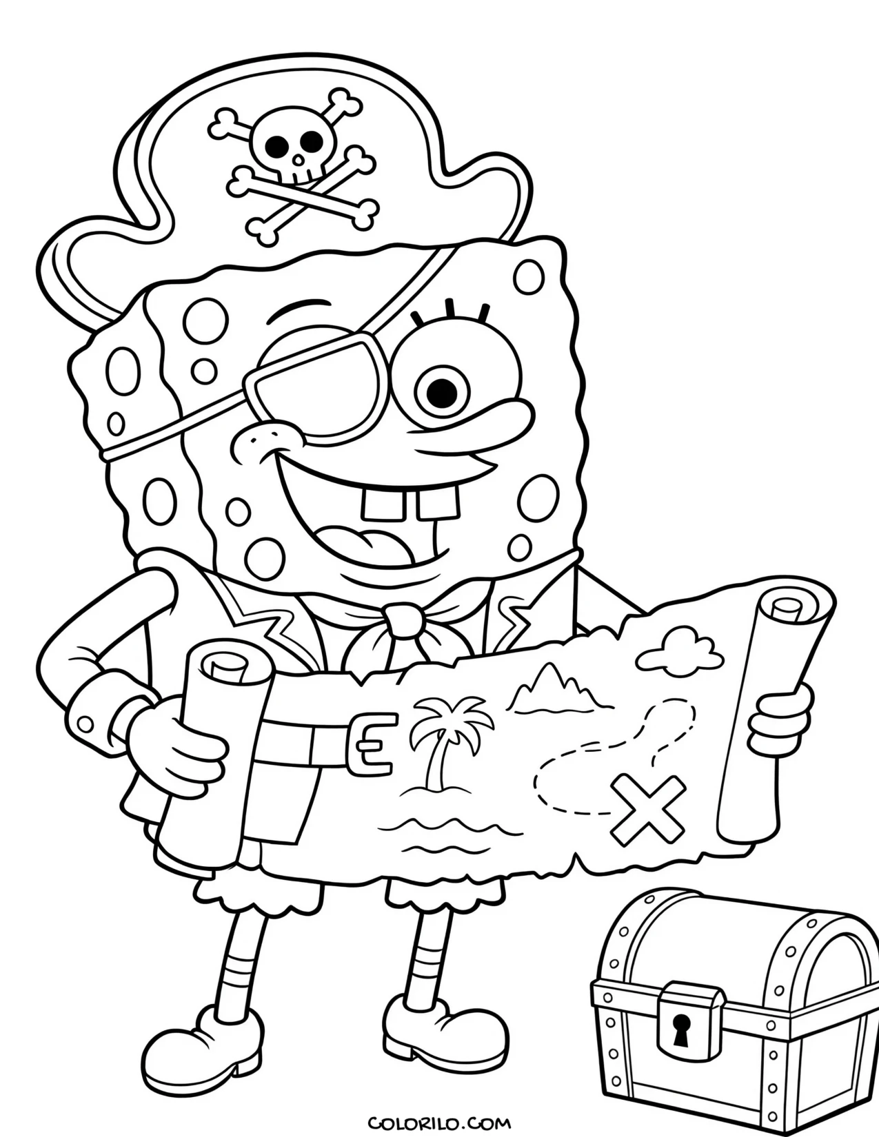 spongebob dressed as a pirate reading a treasure map coloring page