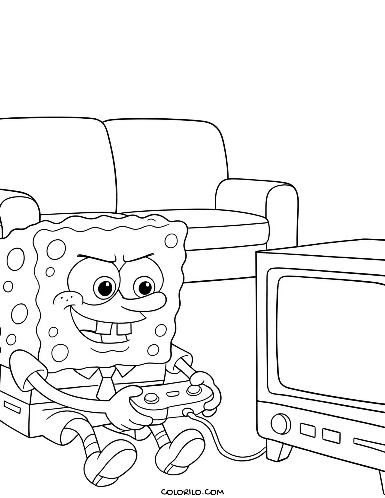 spongebob playing video games with a controller coloring page
